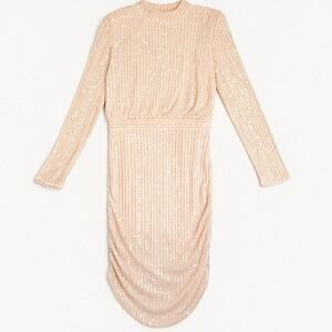 Shein Sequin Dress Womens‎ Large Beige Long Sleeve Sparkly Bodycon Party Glam
